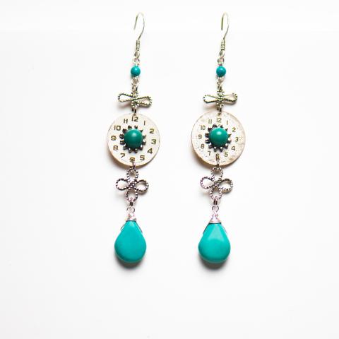 Earrings with Watch Face-Turquoise with Silver Sch