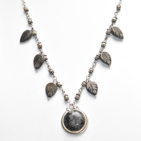Snowflake Obsidian Necklace with leaves