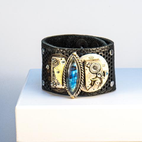 Cuff with Labradorite Stone and Watch Parts
