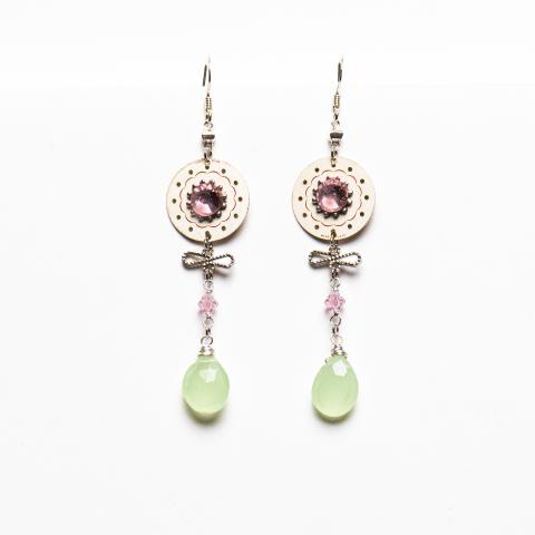 Earrings with watch face pink and lime green