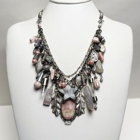 Pink Lacey Jasper and Grey Triple Strand Necklace
